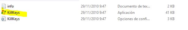 Una vez que hayas descargado el programa Zipeado debes descomprimir la carpeta y obtendras los siguientes archivos:  info, la aplicación KillKeys, y la configuración KillKeys.