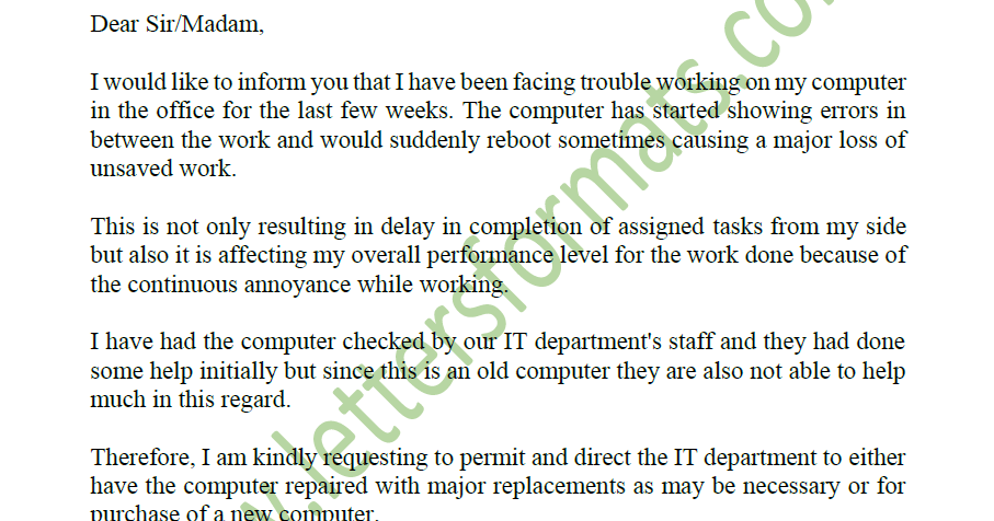 Request Letter for Repair Replacement of Old Computer in office