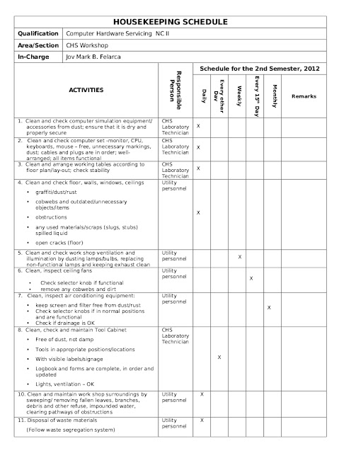 Sample Workshop Housekeeping Schedule