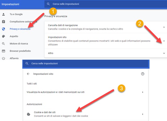 cookie dei dati dei siti su chrome