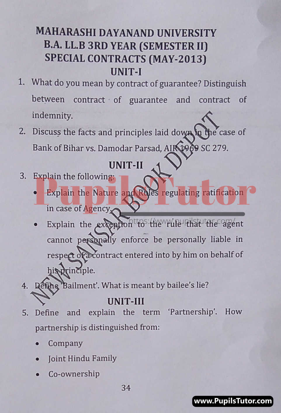 MDU (Maharshi Dayanand University, Rohtak Haryana) LLB Regular Exam (Hons.) Second Semester Previous Year Special Contract Question Paper For May, 2013 Exam (Question Paper Page 1) - pupilstutor.com