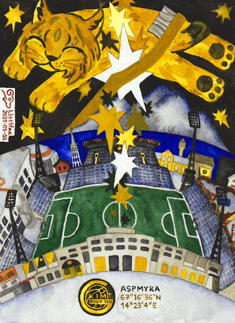 A cartoon-style watercolour painting. The Aspmyra Stadion stands amidst the snow. Beneath the stadium are the club's crest and the stadium's name and coordinates 'ASPMYRA 67°16′36″N 14°23′4″E'. Several buildings and Bodø's landmarks are behind the stadium: Aspåsen school, Norge War Memorial, Nordland Museum and Bodø kommune. Behind the buildings lies a deep blue sea with Landegode on the horizon. A giant yellow toothbrush stands askew next to the island. Behind the toothbrush, a giant yellow lynx leaps across the pitch black sky studded with yellow stars. Yellow, black and white stars spill from the top centre of the canvas onto the stadium.