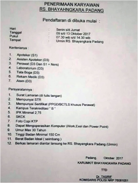 Lowongan Kerja Rumah Sakit Bhayangkara Padang Oktober 2017 