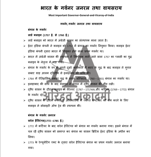 भारत के गवर्नर जनरल एवं वायसराय | List Of Governor General And Viceroy Of India PDF in Hindi 