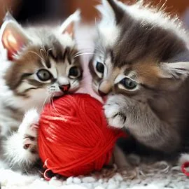Kittens playing with a ball of red wool