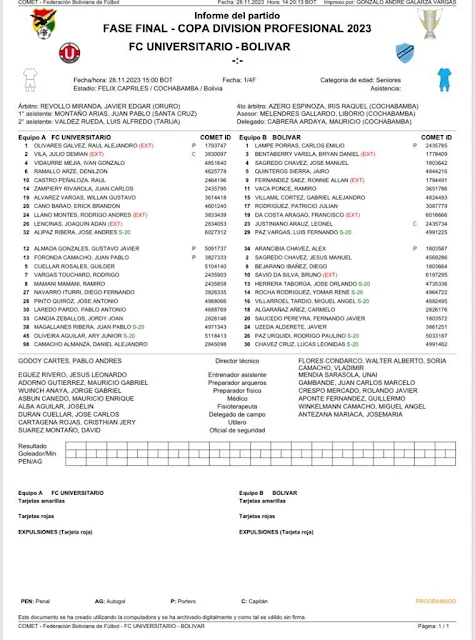 Alineaciones de Universitario de Vinto vs Bolivar