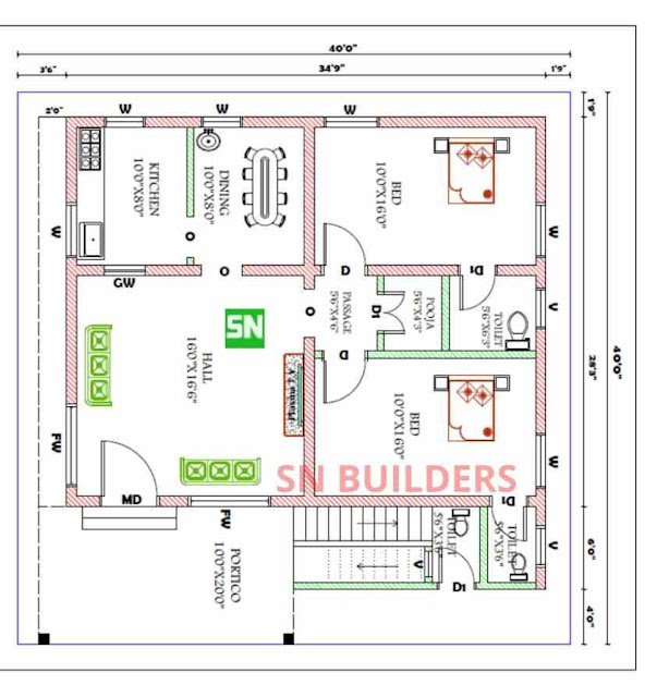 35 x 38 ft north facing house plan for double bed room 