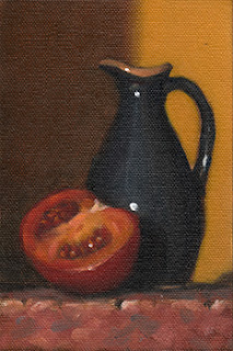 Still life oil painting of a small blue sauce jug beside a tomato cut in half.