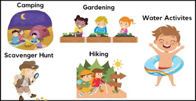 Outdoor summer activities for kids like, camping, hiking, scavenger hunt, water activities, gardening