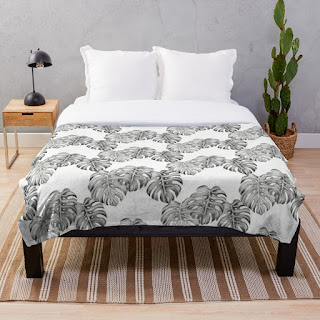 monochrome monstera leaf throw blanket