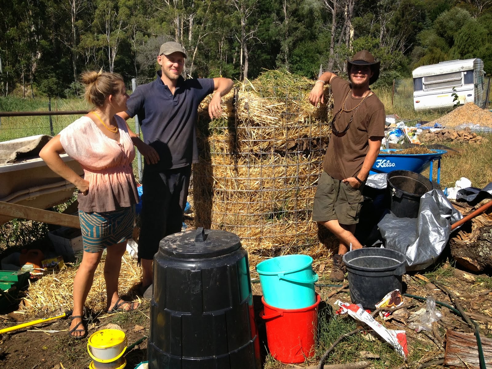 Fattah, Racel and I next to completed pile of Aerated thermal compost