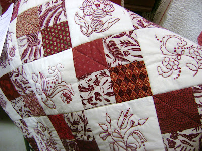 red white quilt Jacobean embroidery