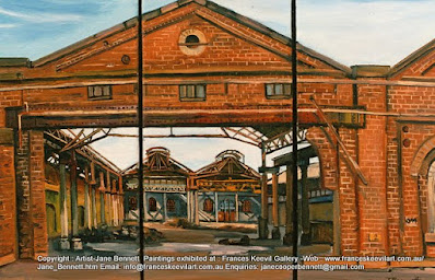 Plein air oil painting  of demolition of Carriageworks Eveleigh Railway Workshops by artist Jane Bennett