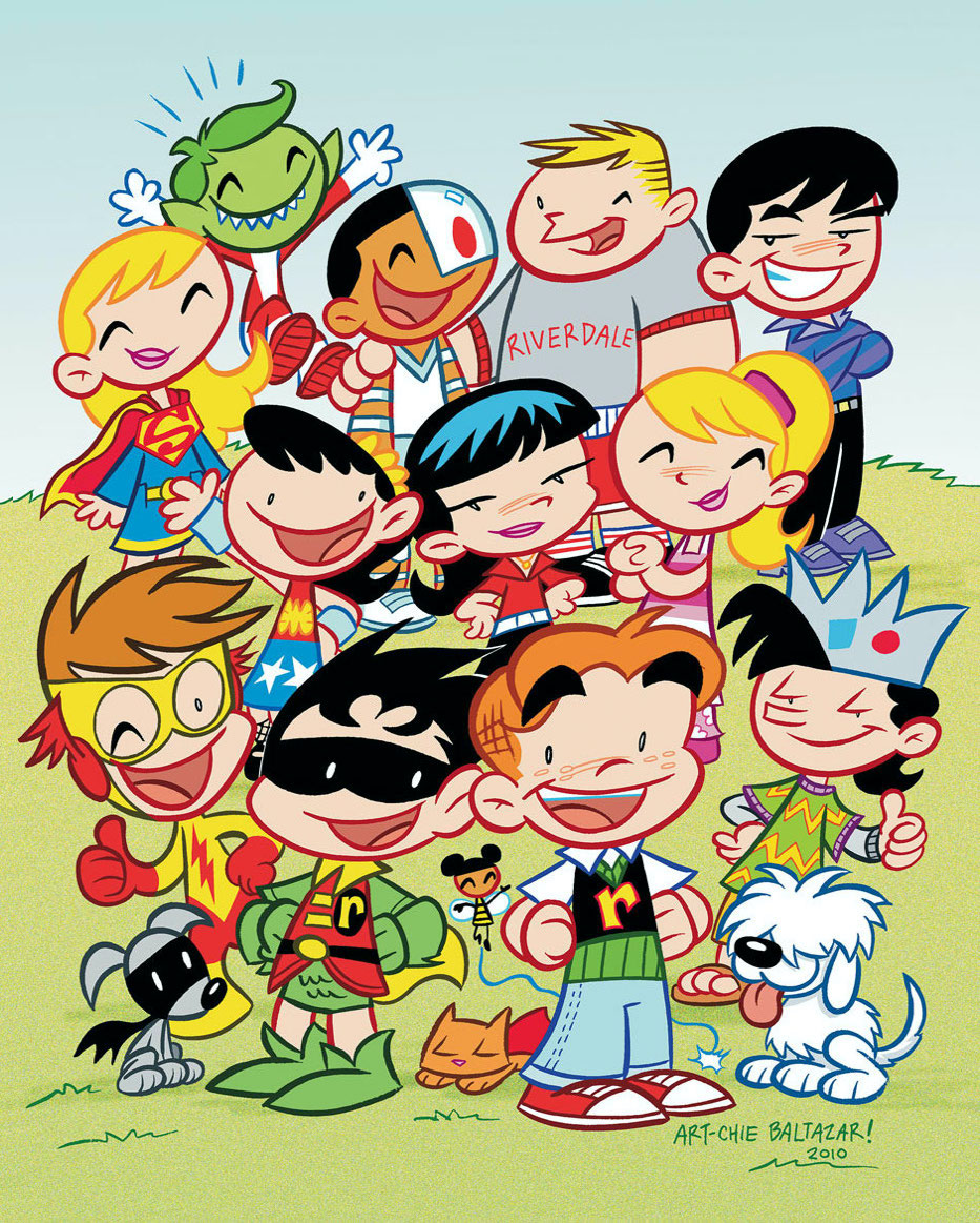 Robin, Kid Flash, Wonder Girl, Supergirl, Beast Boy, Cyborg, Bumblebee, Ace the Bat-Hound, and Streaky the Supercat with Little Archie, Jughead, Betty, Veronica, Reggie, Moose, and Hot Dog