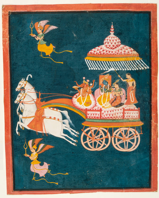 Krishna and Rukmini as Groom and Bride in a Celestial Chariot Driven by Ganesha. Rajasthan 1675 - 1700, watercolour.