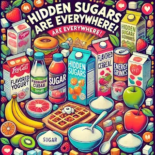 Processed food items like cereal, sauces, and snacks with warning labels, revealing hidden sugars and promoting healthier eating choices
