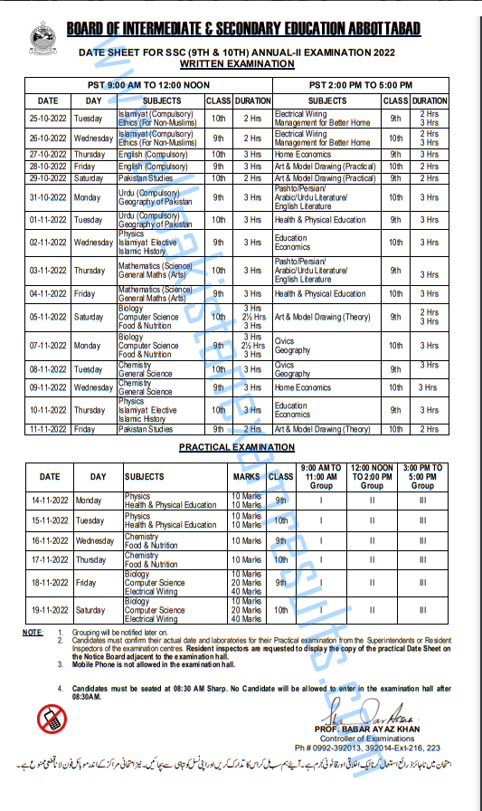 Abbottabad Board Date Sheet 9th & 10th Class 2nd Annual 2022