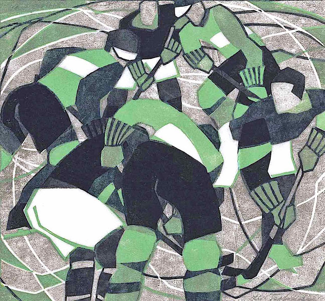 a Lill Tschudi linocut print of a hocky game