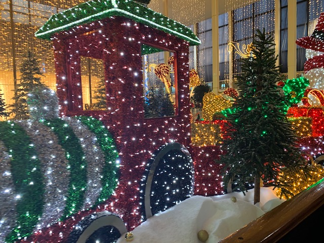 Train made out of lights, as part of a Christmas display