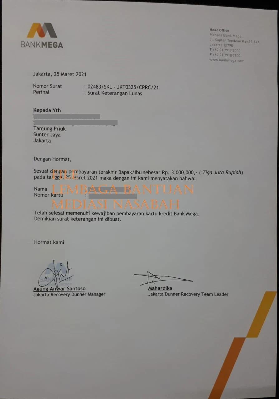 Surat Lunas Bank Mega - Mediasi 1148