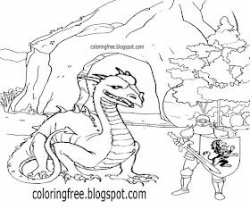 Medieval printable cartoon dragon cave royal king Arthur easy knight coloring pages for old children