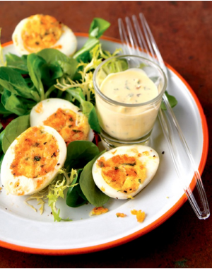 PAN-CRISPED DEVILED EGGS ON FRENCH LETTUCES