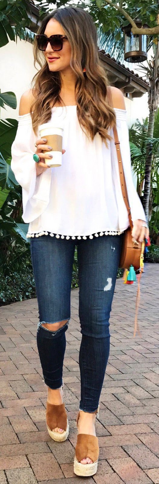 what to wear a white off shoulder blouse : bag + rips + platform sandals