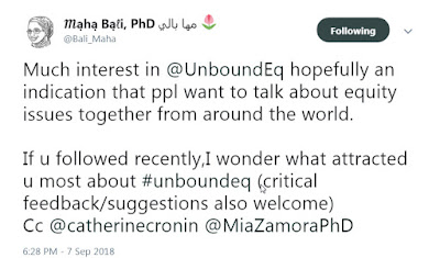 ""Much interest in @UnboundEq hopefully an indication that ppl want to talk about equity issues together from around the world.  If u followed recently, I wonder what attracted u most about #unboundeq (critical feedback/suggestions also welcome)""