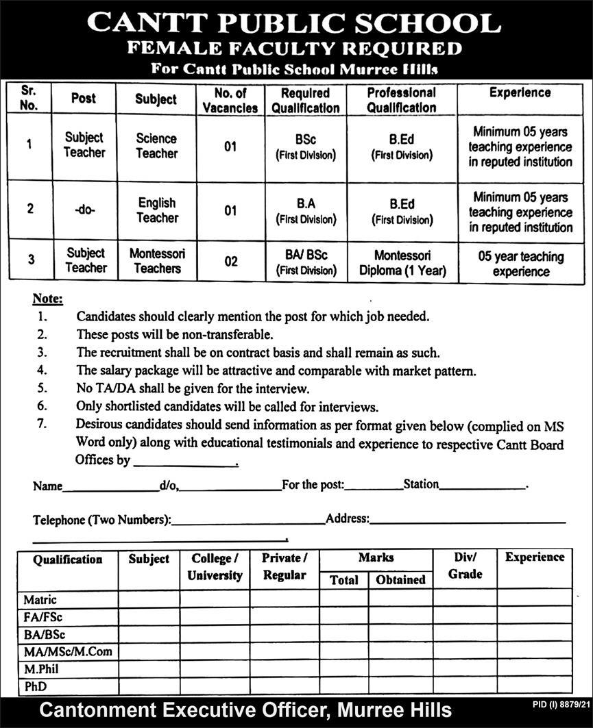 Female Faculty jobs at Cantt Public School Muree Post 2022 | Pak Jobs