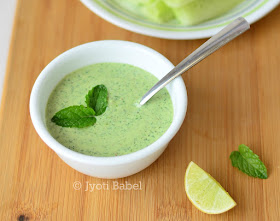 Dahi Wali Hari Chutney ( green chutney with yoghurt) is a great dip that goes very well with tikkas, cutlets and kebabs. Check out the recipe at www.jyotibabel.com 