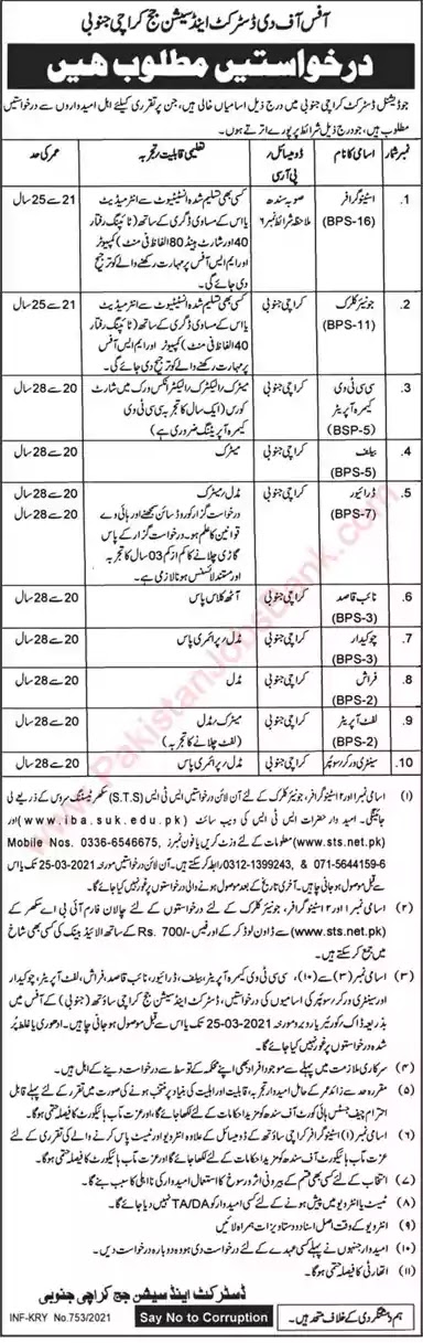 Latest Jobs in Pakistan District and Session Court Karachi South Jobs 2021