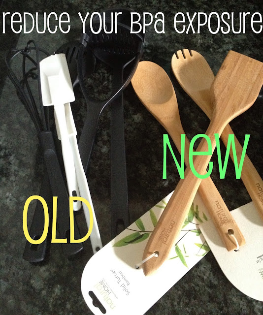 plastic utensils labeled old and bamboo labeled new