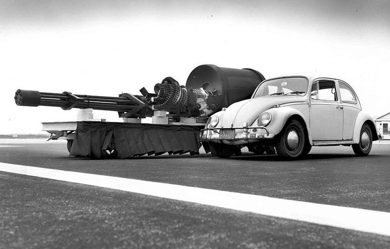 The GAU8 A Avenger Gatling gun next to a VW Type 1