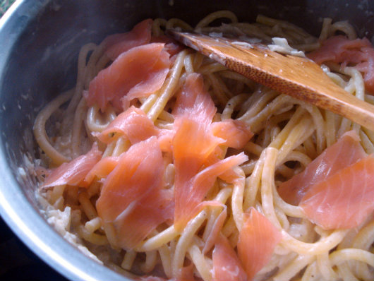 Bigoli with smoked salmon by Laka kuharica: add smoked salmon, toasted pine nuts, chives