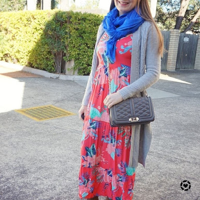 awayfromblue instagram | tropical print tiered maxi dress blue shawl scarf cardigan love bag