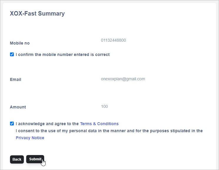 XOX FAST Topup Summary