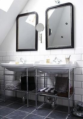 black carved arch mirror bath bathroom sink vanity basin subway tile Nbaynadamas