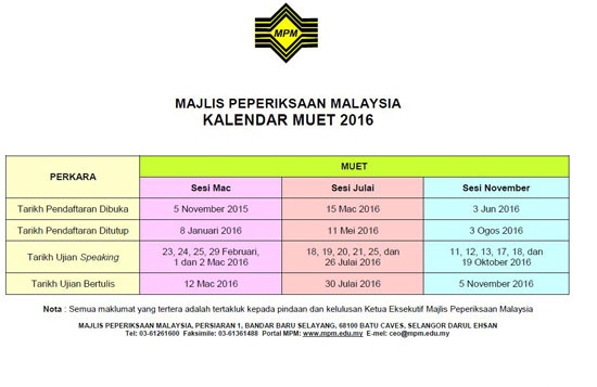 Tarikh Peperiksaan MUET Tahun 2016