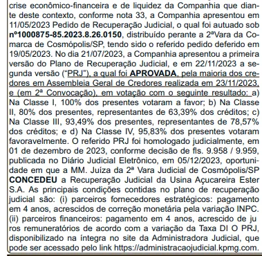 Imagem mostra demonstração financeira da Usina Ester em 2023