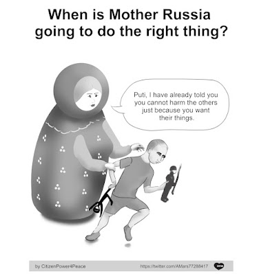 Caricature of Mother Russia reprehending Putin for being bad to the other kids
