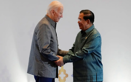President Biden greets Cambodian Prime Minister Hun Sen before the ASEAN gala dinner
