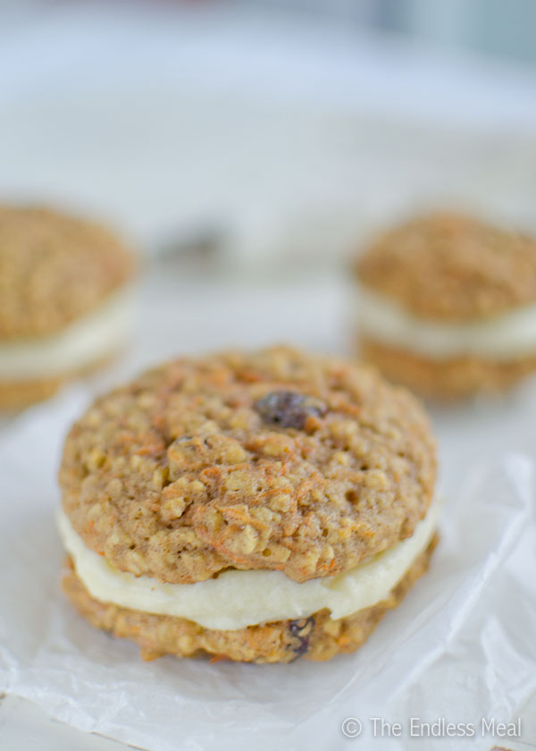 Oatmeal Carrot Whoopie Cookies with Cream Cheese Frosting
