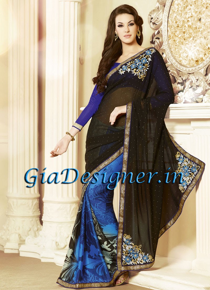  BLUE BLACK LACE AND STONE WORK EMBROIDERED DESIGNER SAREE