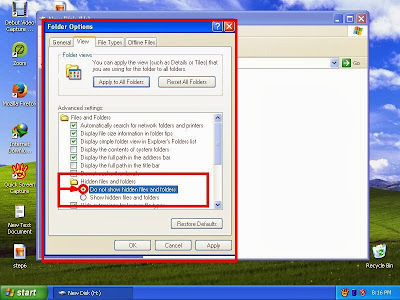 Learn how to disable show or don't show hidden files and folders in windowsXP step11