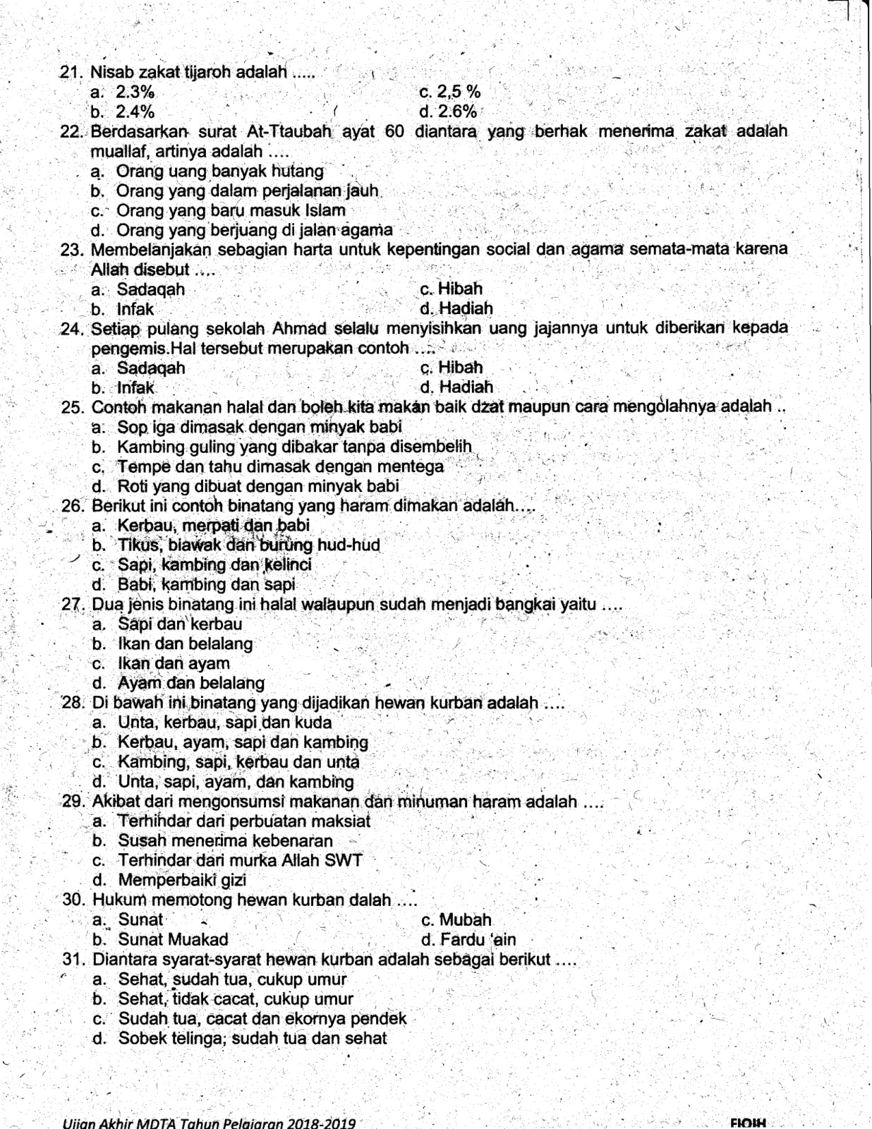 Kumpulan Soal Ujian Akhir Diniyah Takmiliyah Awaliyah Mata Pelajaran Soal Ujian Akhir Semester Genap