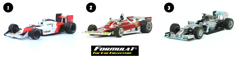 f1 the car collection, mclaren mp4/4 1:43 Ayrton Senna, ferrari 312t2 1:43 niki lauda, mercedes f1 w05 1:43 lewis hamilton