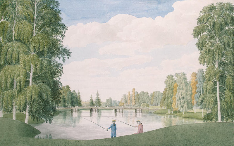 View of the English Park with the Large Birch Bridge. Peterhof by James Meader - Landscape Drawings from Hermitage Museum