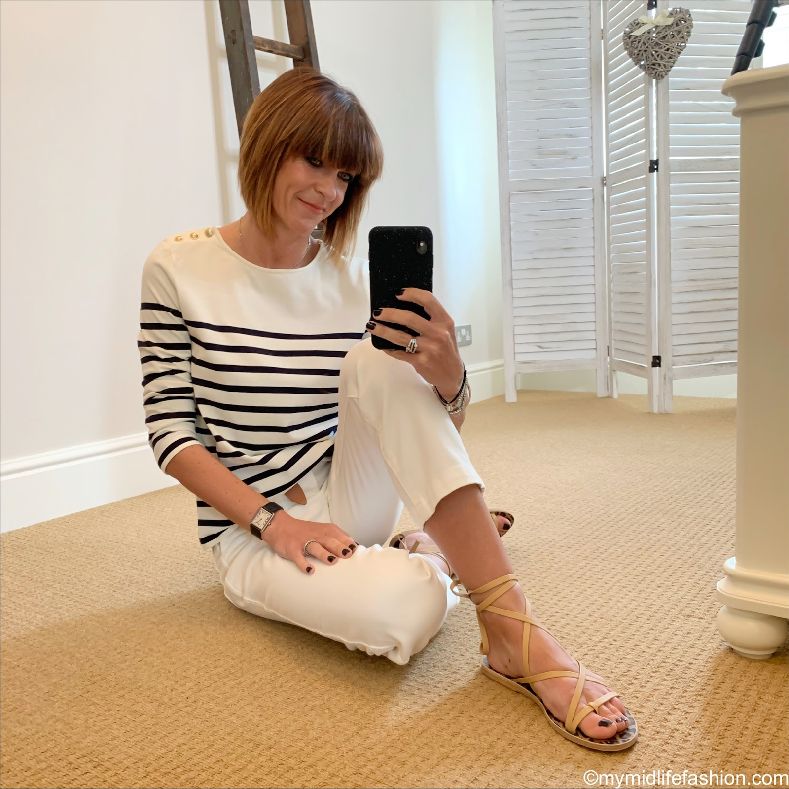 my midlife fashion, sezane loic striped jersey, Isabel Marant lecce leather belt, Ancient Greek sandals morif leather sandals, j crew straight leg crop jean in garment dyed cotton 