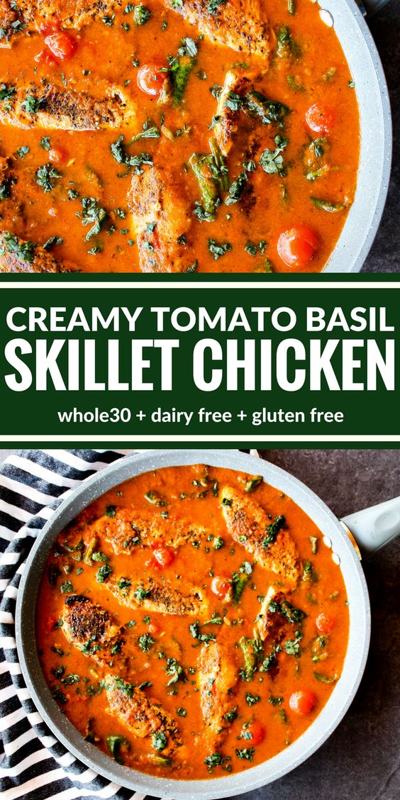 4.1★★★★★| You're going to love this Creamy Tomato Basil Skillet Chicken! It's all about the sauce over perfectly sauteed chicken. Plus it's surprisingly dairy free, gluten free, and Whole30!