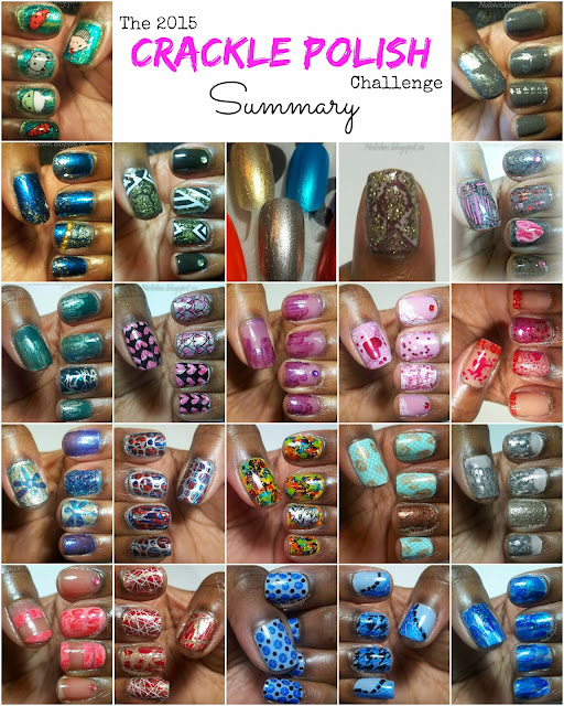 Collage featuring all 22 of my 2015 Crackle Polish Challenge Manicures